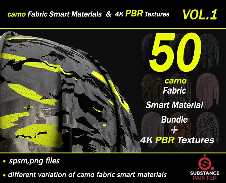 50 Camo Fabric Smart Material Bundle + 4K PBR Texture