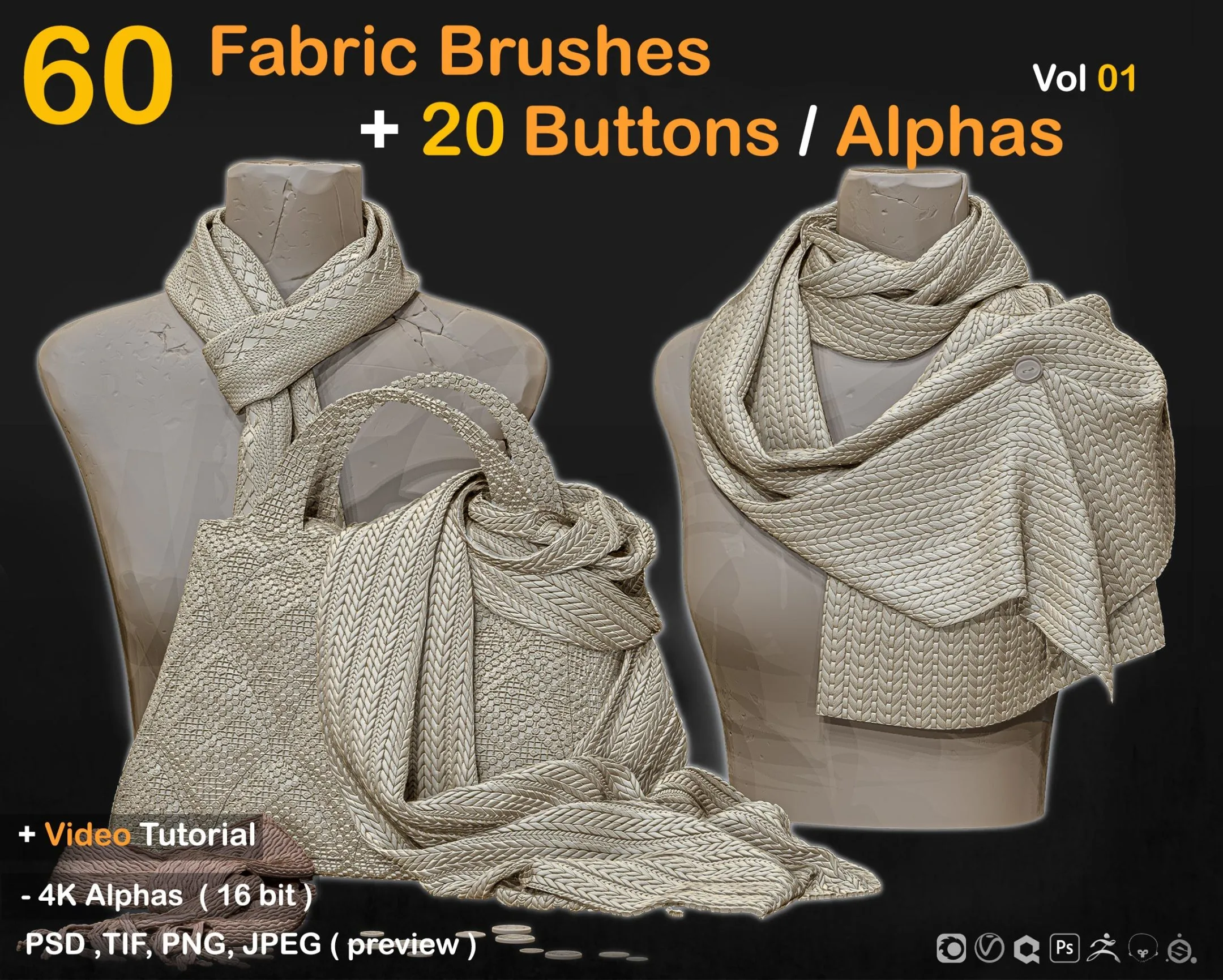 60 Fabric Brushes+20 Buttons / Alphas - Vol 01