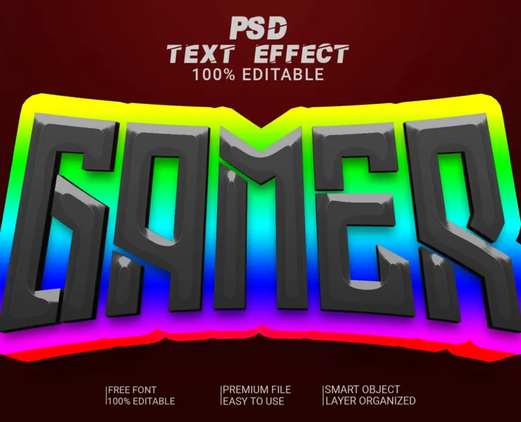 3D Gamer PSD fully editable text effect. Layer style PSD mockup template.