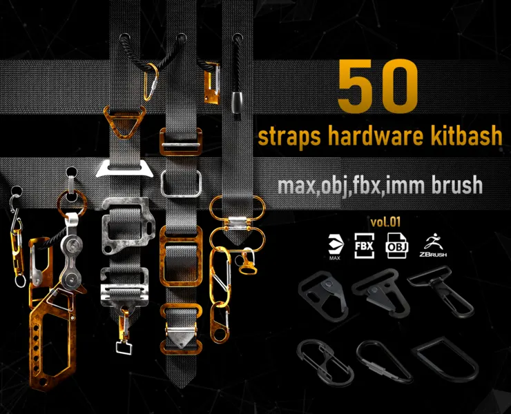 50 Straps Hardware Kitbash 3D Models (fully unwraped) + imm brushes