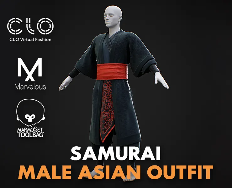 Asian Man Outfit-Samurai / Marvelous Designer Clo3d Project + OBJ , FBX (Game Ready)