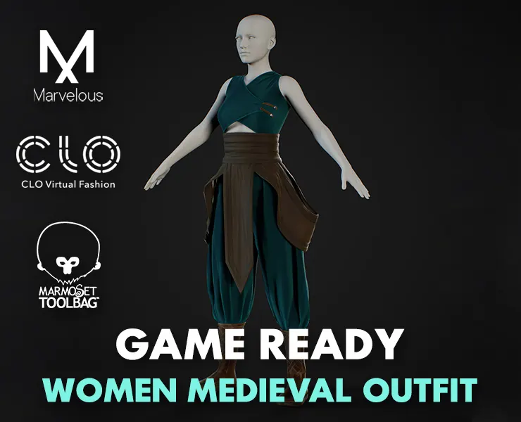 Female Medieval Outfit / Marvelous Designer Clo3d Project + OBJ , FBX (Game Ready)