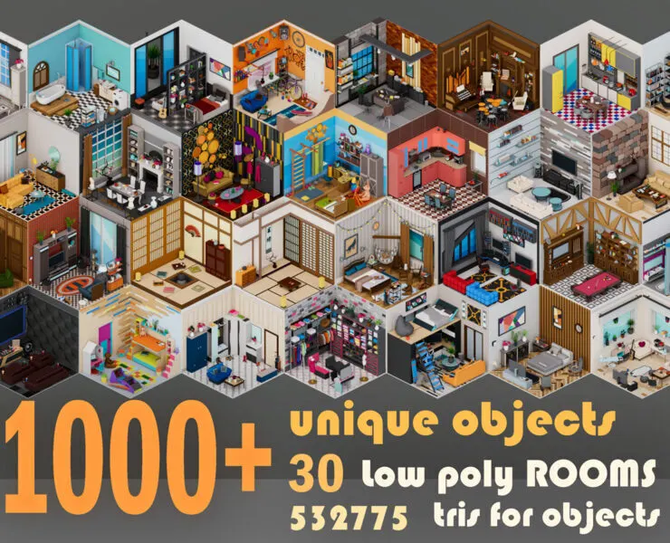 30 Low poly Rooms Interiors 1000+ unique Objects