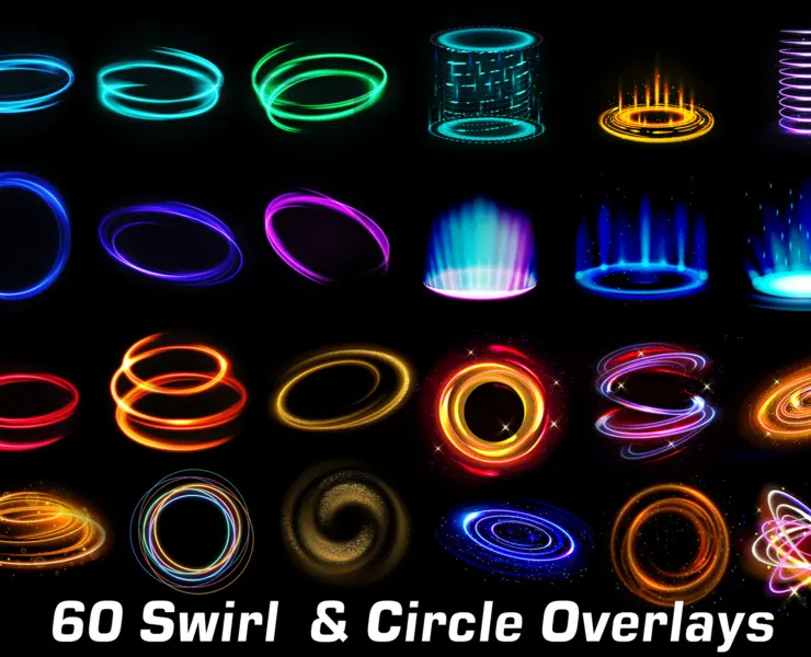 60 Lights Circle Overlays, Neon glowing swirls, Golden spiral, magic portal, Golden bright circle, shining light PNG