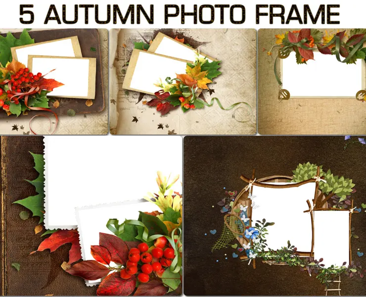 5 Autumn Photo Frame Overlays, Art frame, Photoshop overlay, Digital photo prop, Fall overlays for photographers, Transparent PNG, Vintage