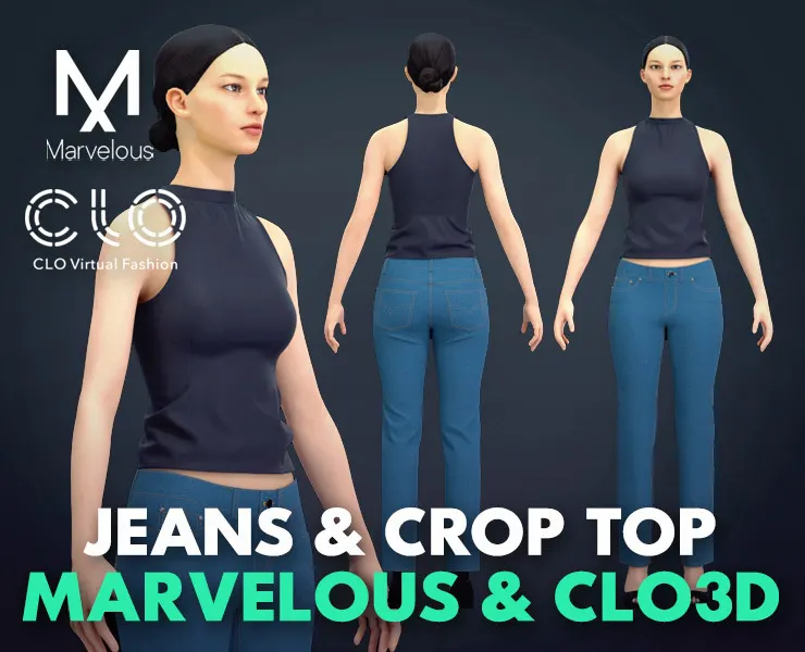 Jeans And Neck Crop Top - Marvelous Designer - Clo3d