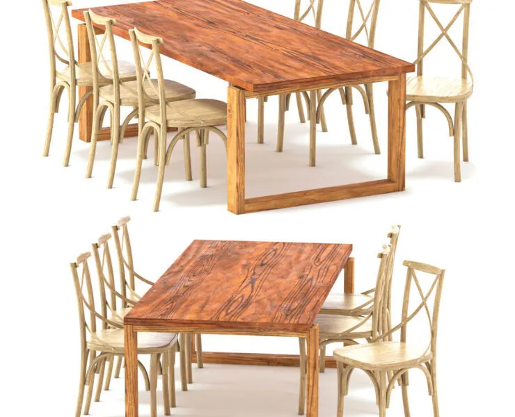 ODGER Table and 6 Teak Cross Back Dining Chair