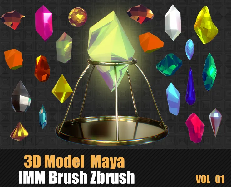 100 Crystals 3D Model And Brush Zbrush