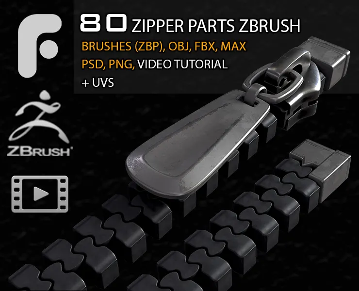 80 zipper parts_Zbrush Brushes (IMM_STD)_ 3D Models (obj_fbx_max)_Alpha (psd_png) _UVS_Video tutorial