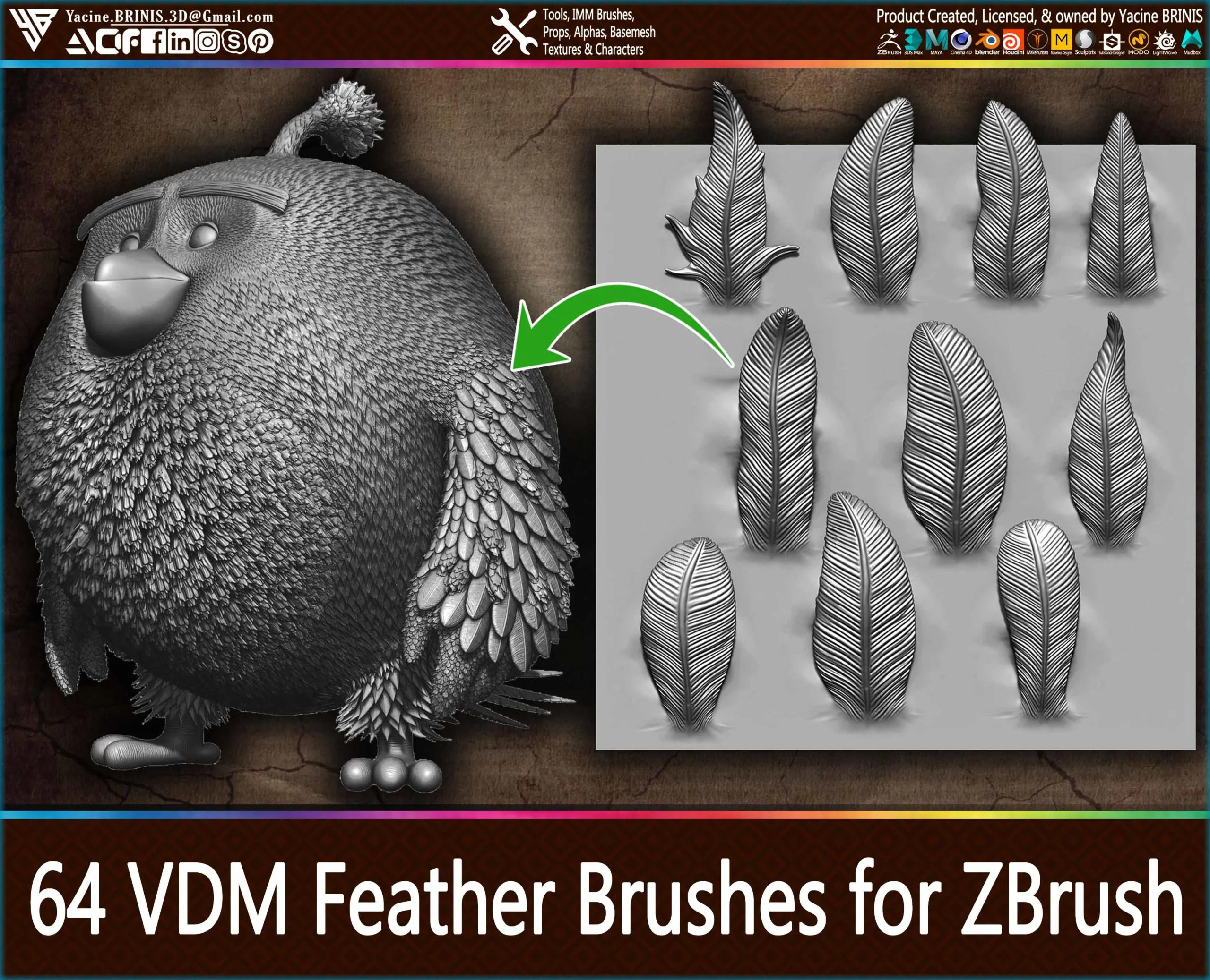 64 VDM Feather Brushes for ZBrush