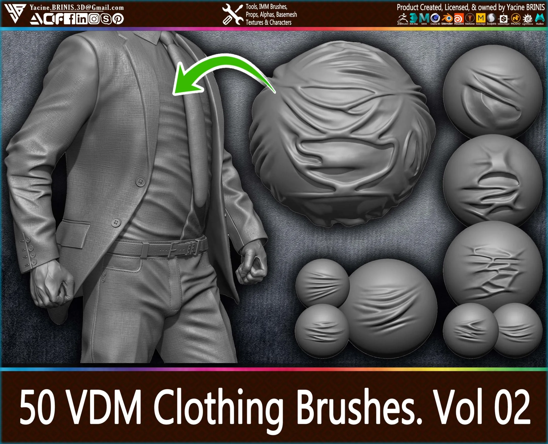 50 VDM Clothing Brushes for ZBrush (Creases, Folds, Wrinkles, Silks) + 50 Alphas. Vol 2