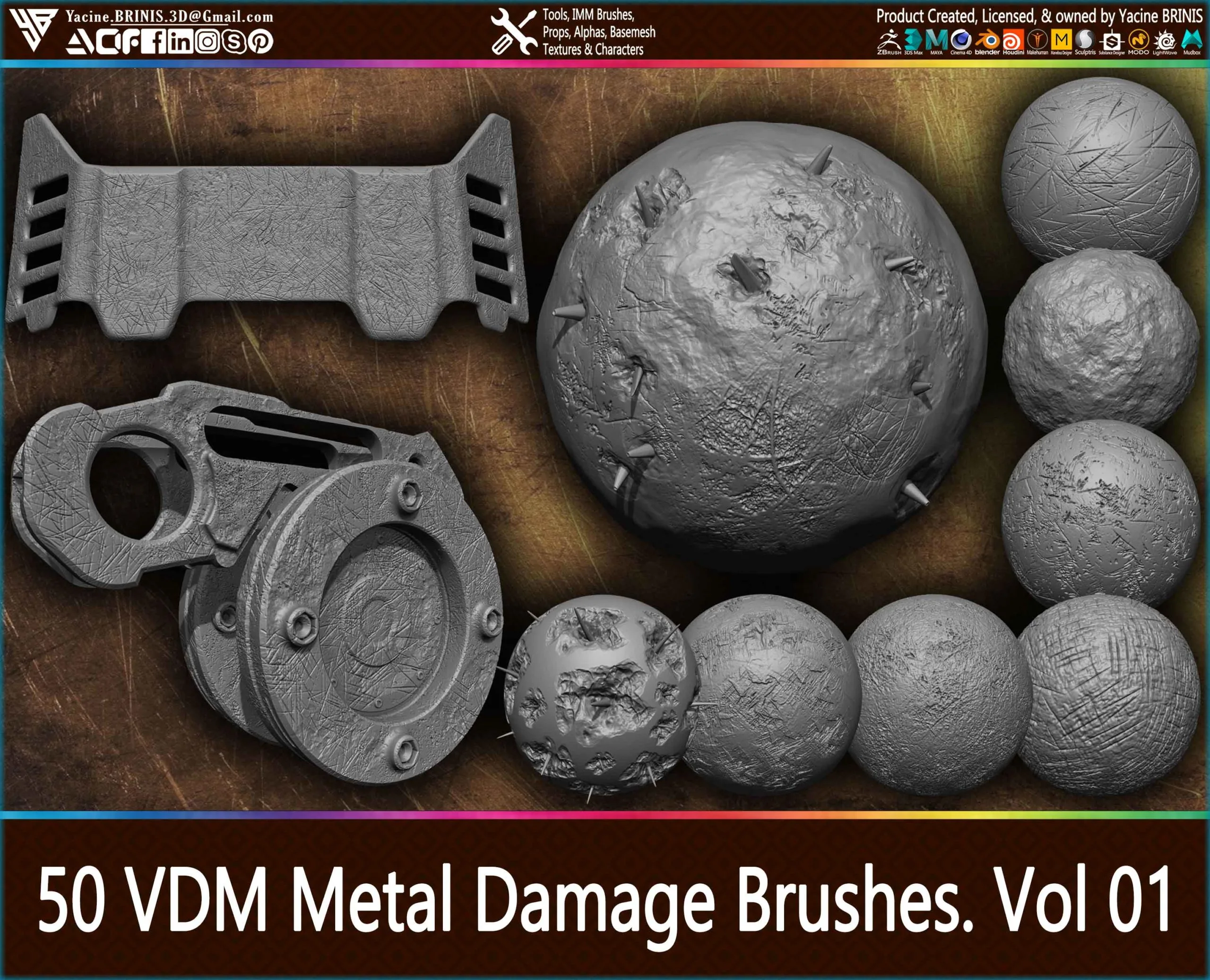 50 VDM Metal Damage Brushes for ZBrush + 50 Alphas. Vol 1 (Metal Textures)