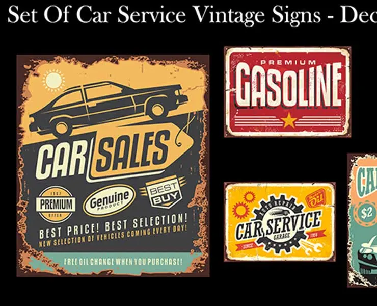 Set Of Car Service Vintage Signs