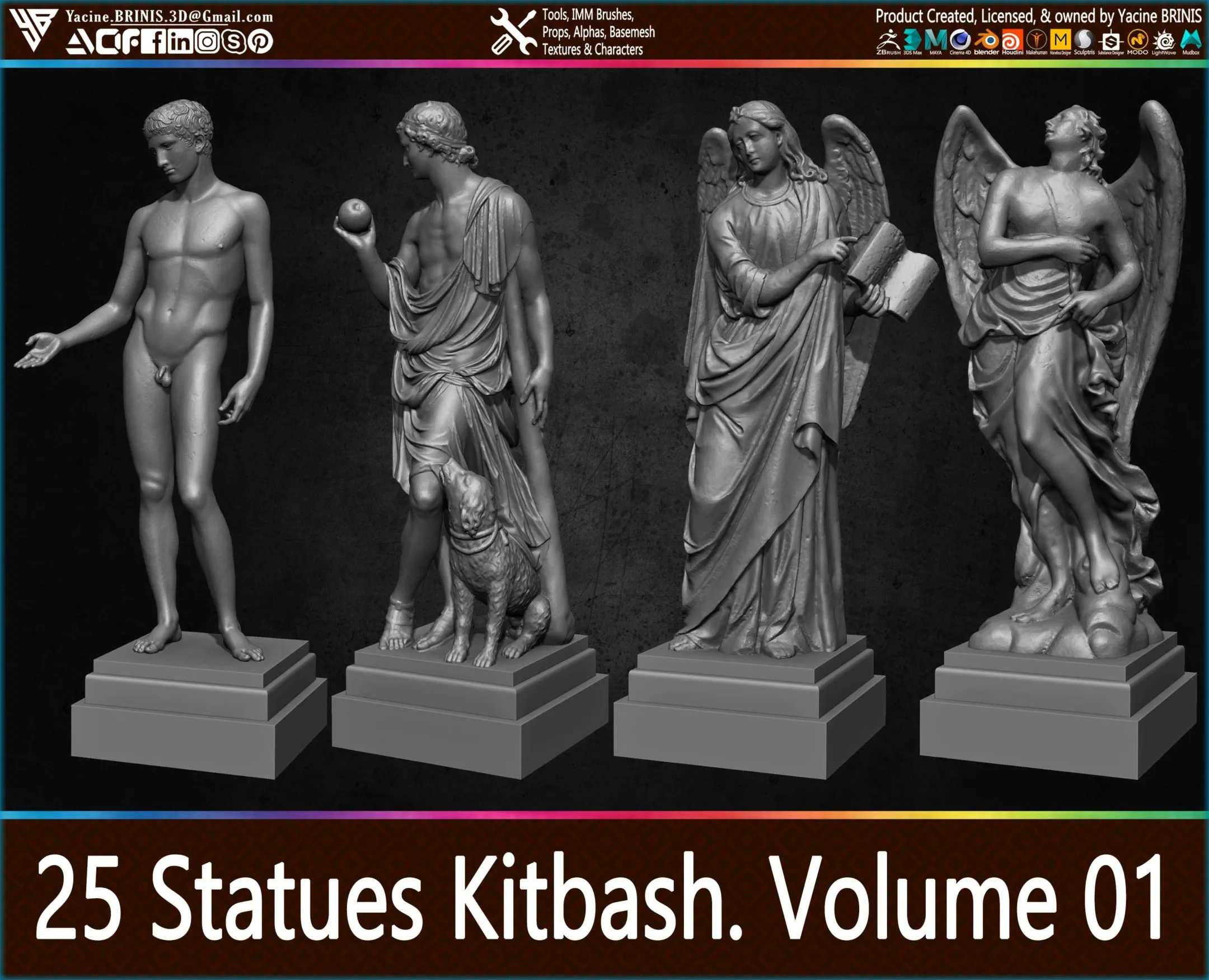 25 Statues Kitbash (IMM Brush, Obj, STL) Vol 01