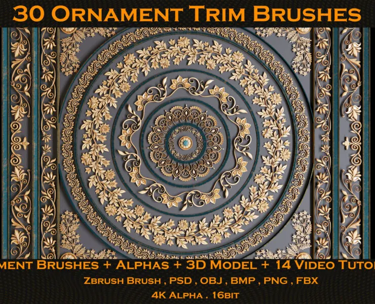 30 Ornament Trim Brushes + Alphas + 3D Model + 14 Video Tutorials (VOL 01)