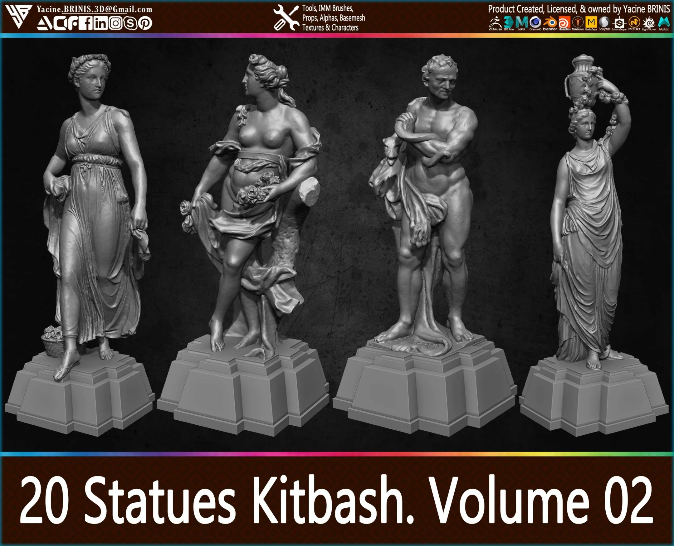 20 Statues Kitbash (IMM Brush, Obj, STL, ZTL) Vol 02