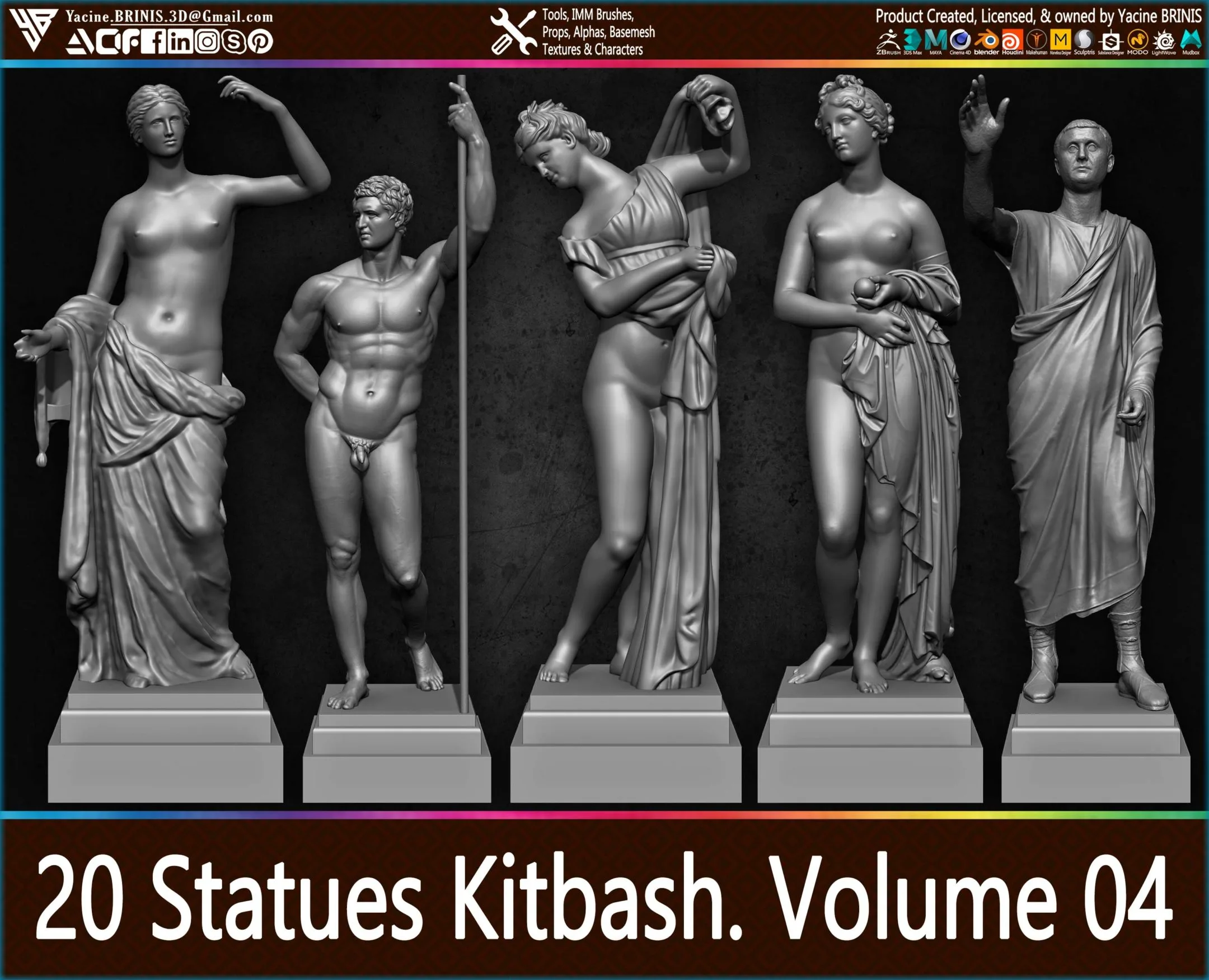 20 Statues Kitbash (IMM Brushes, Obj, STL, & ZTL) Vol 04