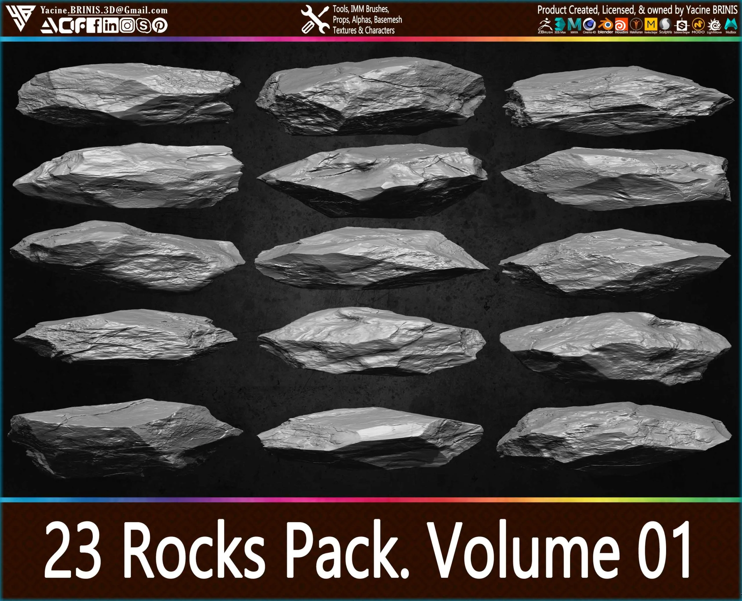 23 Rocks Pack (IMM Brush, Obj, STL, & ZTL) Vol 01