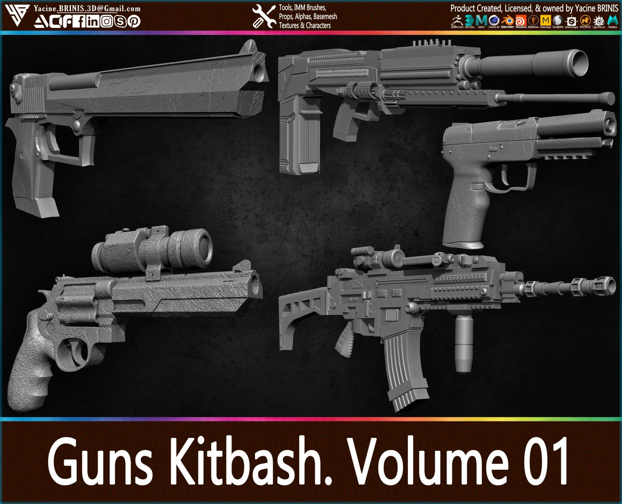 Guns Kitbash (IMM Brush, Obj, STL, ZTL) Vol 01