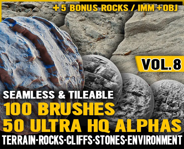 Ultra HQ Seamless Terrain / Rocks Sculpt brushes + Alpha/Height Maps Set Vol.8