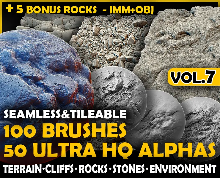 Ultra HQ Seamless Terrain / Rocks Sculpt brushes + Alpha/Height Maps Set Vol.7