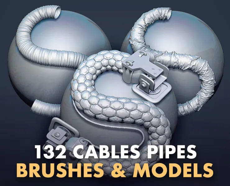 Zbrush - 132 Cables, Hoses, Pipes Brushes IMM Curve + 132 OBJ Meshes