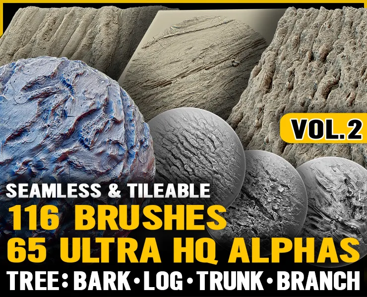 Ultra HQ Tree Bark Sculpt Seamless Zbrush brushes + Alphas (Blender, Substance, Mudbox, etc.) Vol.2