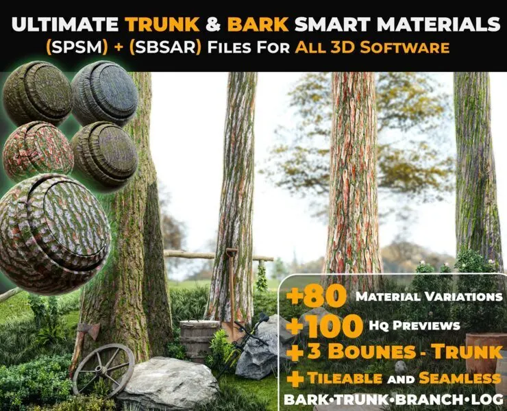 +80 Realistic Tree Trunk Textures - Smart Material + SBSAR