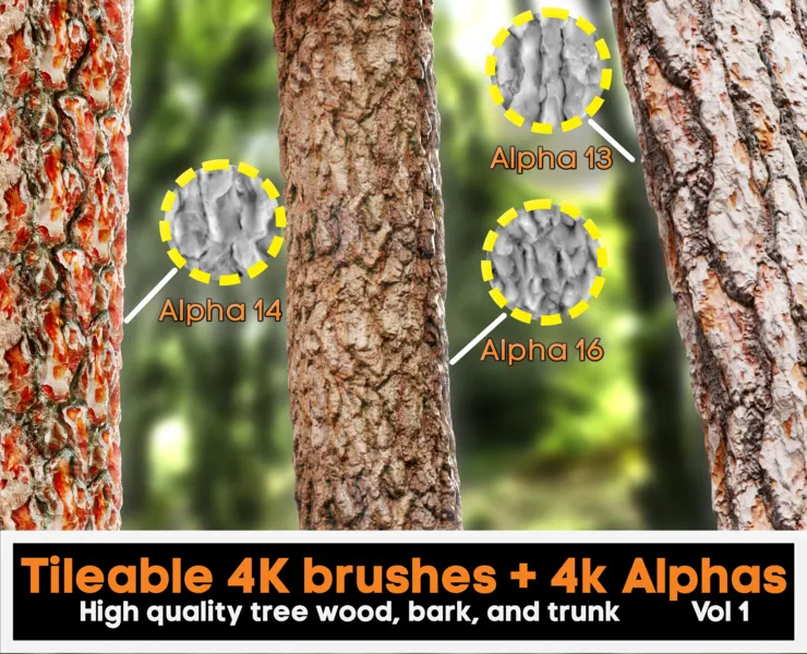 4K high quality tileable tree bark Zbrush brushes + 4k Alpha textures