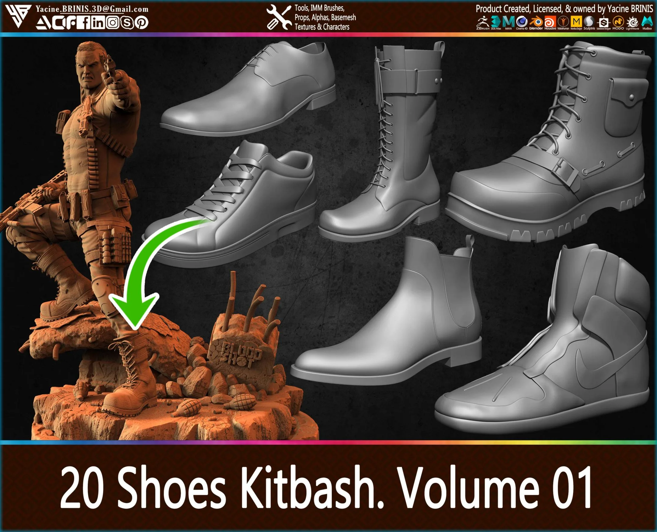 20 Shoes Kitbash (IMM Brush, Obj, STL, ZTL) Vol 01