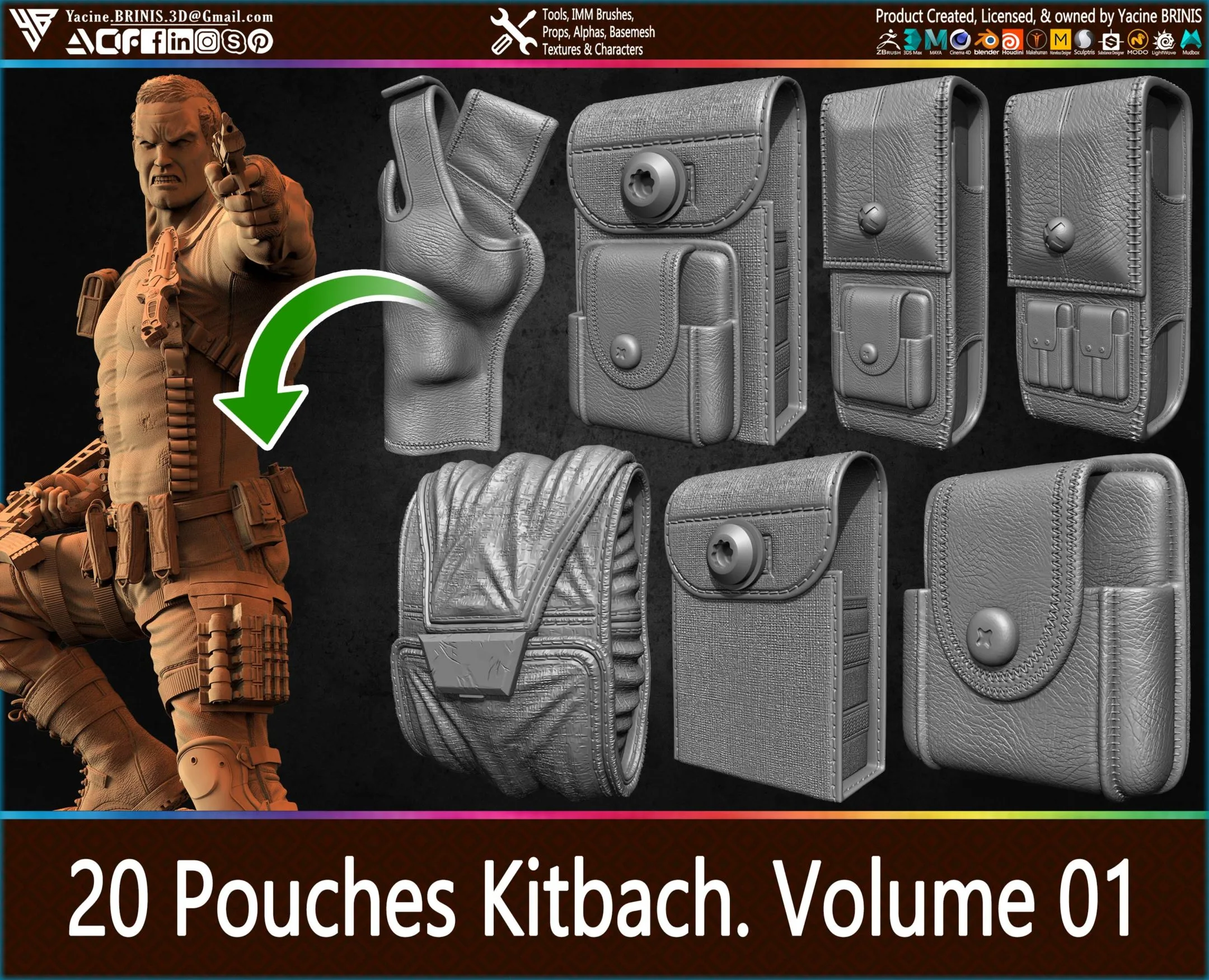 20 Pouches Kitbach (IMM Brushes, Obj, Stl, Fbx) Vol 01