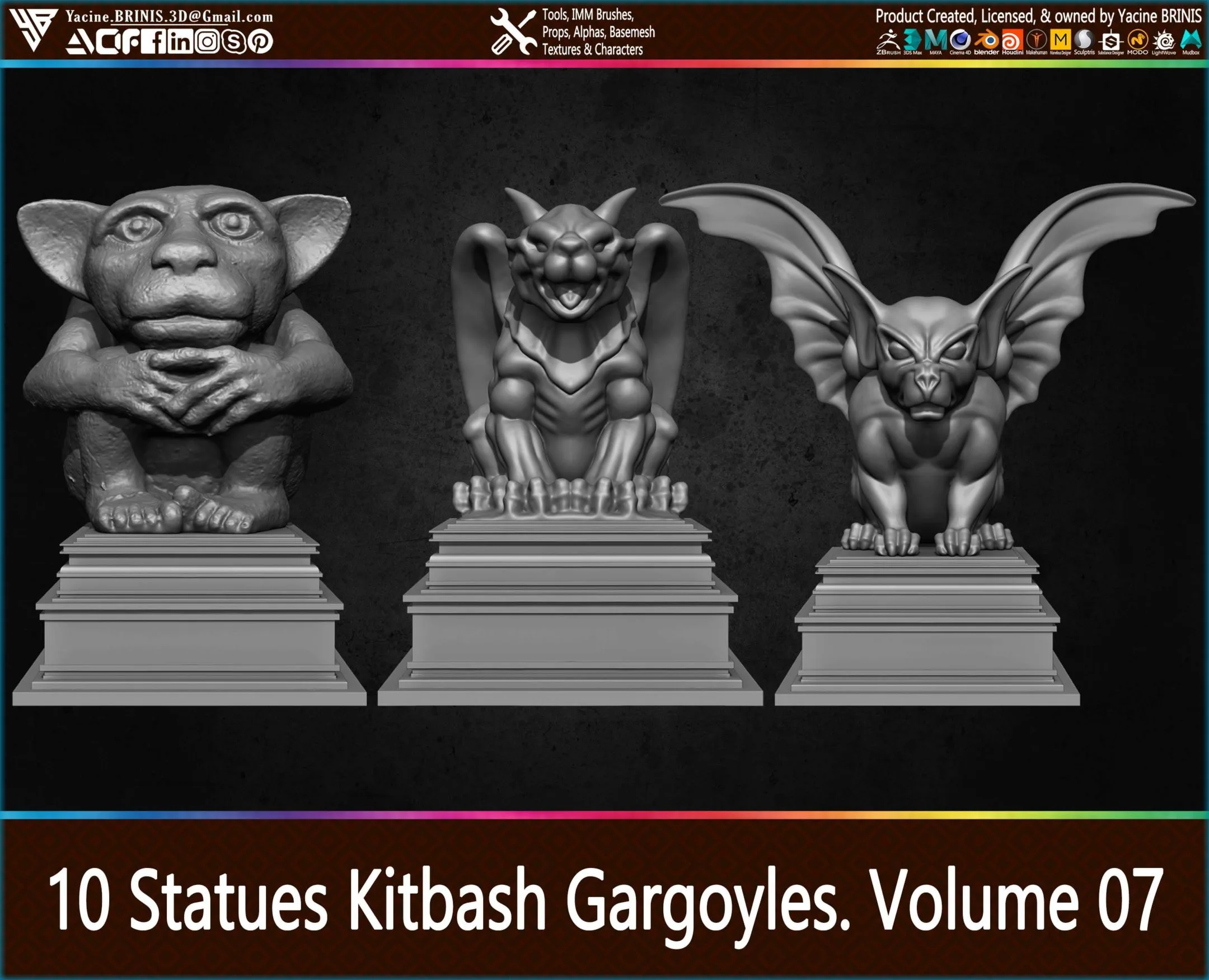 10 Statues Kitbash Gargoyles (IMM Brush, Obj, STL, & ZTL) Vol 7