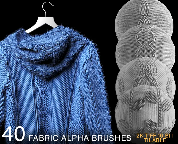 40 fabric alpha brush bundle : TRICOT & KNITTED (2k tiff 16 bit) + FREE video