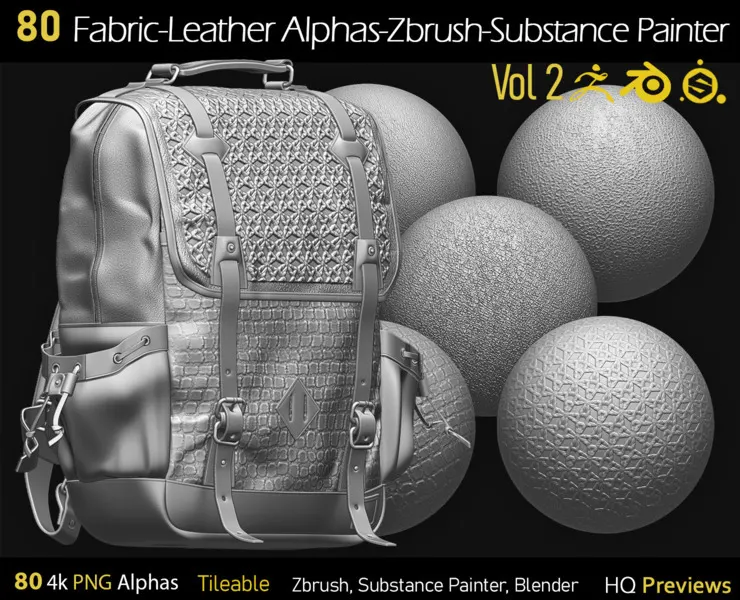 80 4K Fabric-Leather Tileble Alphas-PNG-Zbrush-Substance Painter-vol2