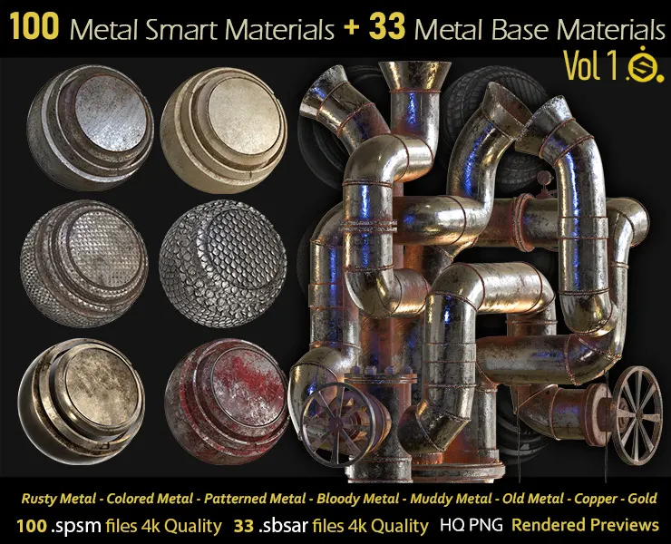 100 Metal Smart Materials - spsm + 33.sbsar - Base Materials - Substance Painter - Substance Designer