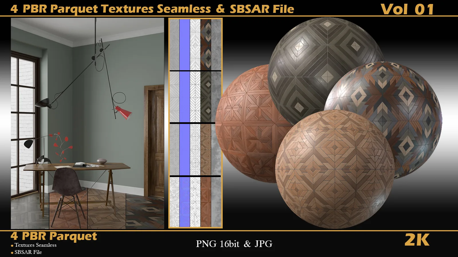 4 PBR Parquet Textures Seamless and SBSAR File 2K Vol 01