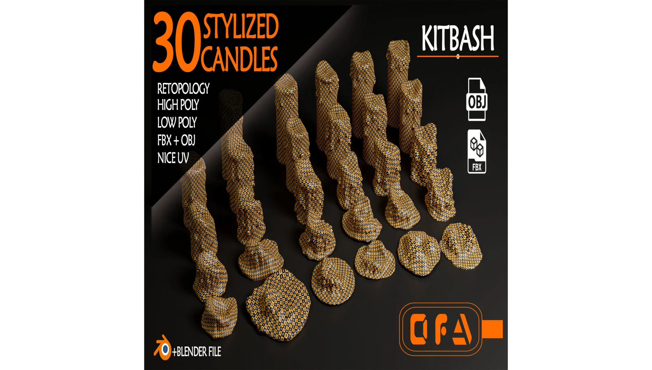 30 Stylized Candel KITBASH (HighPoly + LowPoly + Blender File)