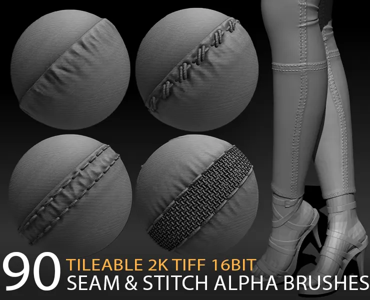 90 Seam & Stitch Alpha Brush Bundle vol.4 (ALL Tileable 2K tiff 16bit)