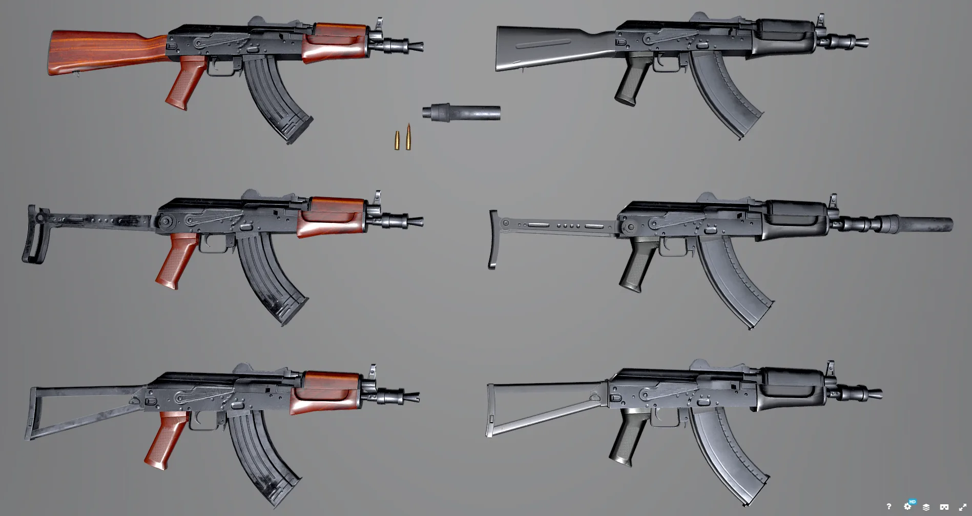 AKS Russian Assault Rifle Game Ready 6 Variations Low-poly 3D model