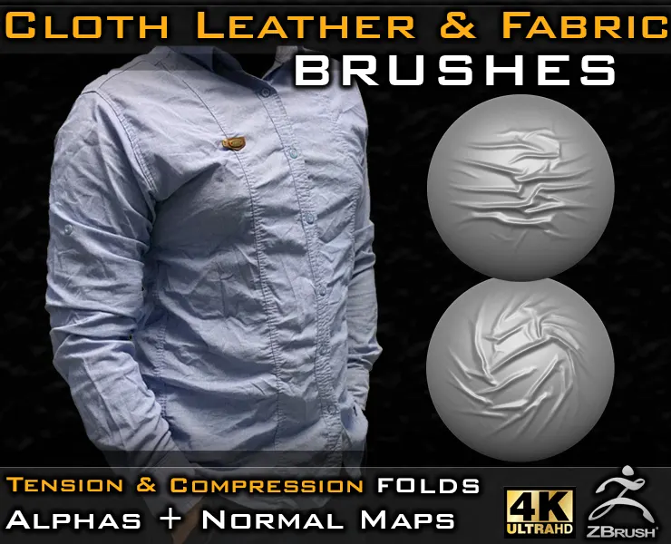 50 cloth Leather & Fabric Brushes (4k) Tension & Compression Folds- Alpha + Normal Maps ( Vol.04 )