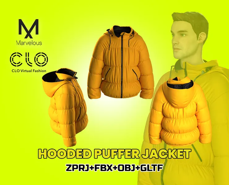 hooded puffer jacket- Marvelous Designer & Clo3d