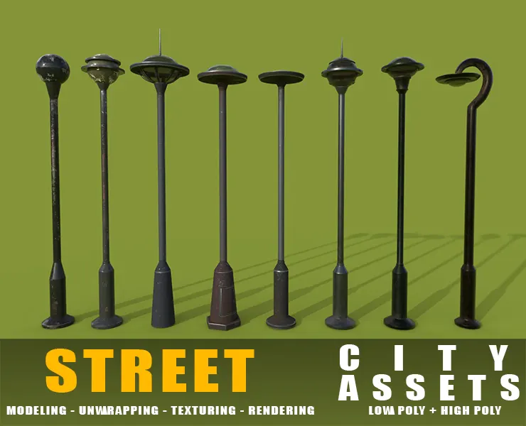 Street lams series old game ready street assets low poly and high poly