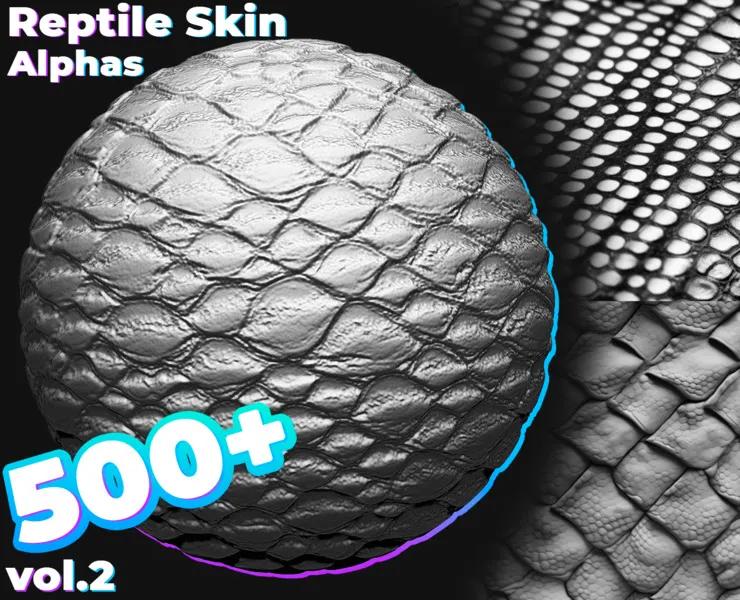 500+ Reptile, Dragon, Snake Skin Alphas for ZBrush (Displacement map) vol.2