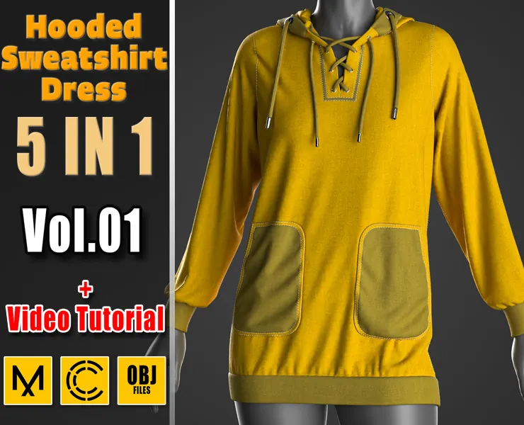 5 In 1 Hooded Sweatshirt Dress + Clo3D/Marvelous + Video Tutorial + ZPRJ + OBJ + UV+ Texture Vol.01