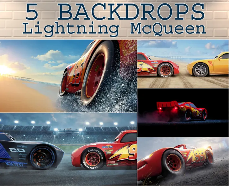 5 Digital Backdrops Lightning McQueen, cars 3 disney cartoon, Lightning McQueen, Cruz Ramirez, Jackson Storm, Race Cars Birthday Background