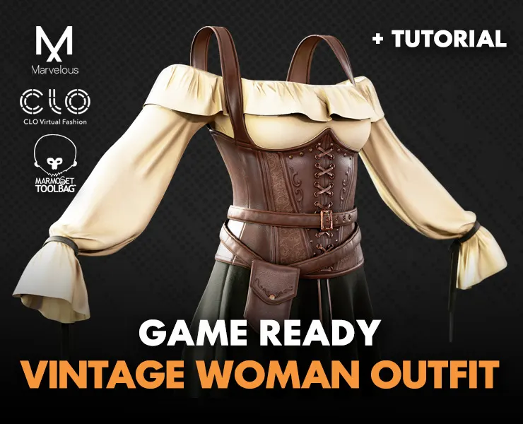 Vintage Women Dress / Marvelous Designer , Clo3d Project + Free Tutorial (Low Poly)