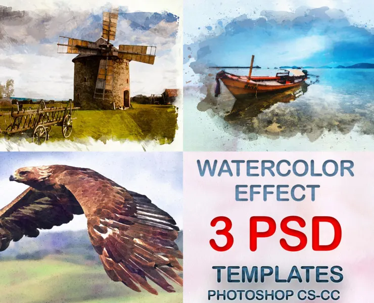 3 Watercolor Effects, Photoshop PSD Template, Wet Watercolor Painting, Photoshop Oil Paint Action, Photoshop Watercolor Artwork, Painterly effects