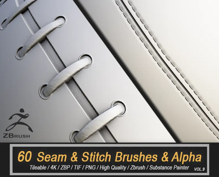 60 Seam & Stitch Brushes & Alpha (Tileable - 4K) VOL.9