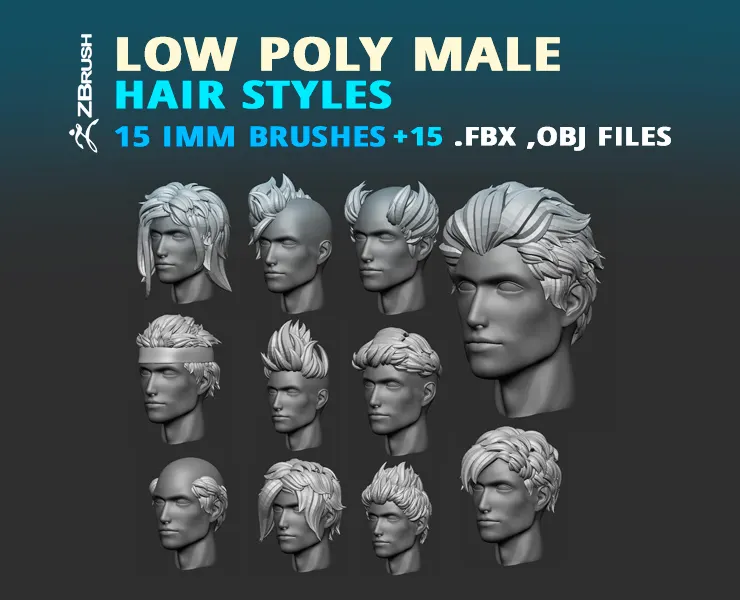 15 Male anime character hair styles and hairdoo low poly IMM brush set for Zbrush, fbx and obj files.