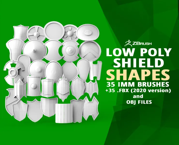 30 Low-poly medieval fantasy shield base mesh shapes IMM and 5 strap shapes zbrush set and fbx, obj files.